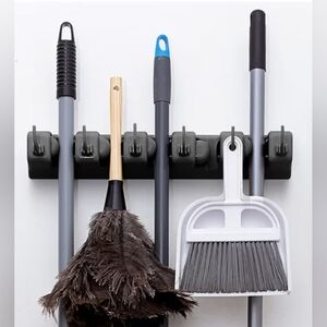 Berry Ave Broom Holder Rack Mop Tool Organizer Wall Mount Black 5 Slots 6 Hooks